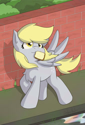 Size: 2000x2957 | Tagged: safe, artist:nerow94, imported from derpibooru, derpy hooves, pegasus, pony, bread, chest fluff, female, food, mare, mouth hold, solo, toast, wall