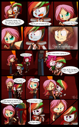 Size: 1024x1638 | Tagged: safe, artist:fj-c, imported from derpibooru, fluttershy, pinkie pie, rainbow dash, equestria girls, clothes, comic, dialogue, fantasy equestria, midriff, scar