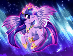 Size: 900x696 | Tagged: safe, artist:toxicstarstudio, imported from derpibooru, twilight sparkle, alicorn, pony, female, glowing horn, jewelry, regalia, solo, starry eyes, twilight sparkle (alicorn), watermark, wingding eyes