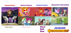 Size: 5462x2584 | Tagged: safe, edit, edited screencap, imported from derpibooru, screencap, adagio dazzle, applejack, bon bon, cheerilee, derpy hooves, flash sentry, fluttershy, lonestar, lyra heartstrings, majorette, pinkie pie, rainbow dash, rarity, sunset shimmer, sweeten sour, sweetie drops, twilight sparkle, horse, equestria girls, friendship games, life is a runway, rainbow rocks, 1000 hours in ms paint, battle tendency, comparison, diamond is unbreakable, dio brando, hoers, humane five, humane seven, humane six, jojo's bizarre adventure, jojolion, kars, mane six, ms paint, passione, phantom blood, ponied up, spongebob comparison charts, stand, stardust crusaders, steel ball run, stone ocean, to be continued, ultimate life form, vento aureo