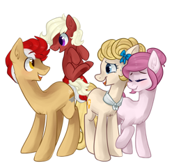 Size: 910x879 | Tagged: safe, artist:goshhhh, imported from derpibooru, oc, oc only, oc:pepper ridge, oc:red velvet, oc:sunbeam, oc:velvet step, bandana, blushing, colt, cute, eyes closed, family, foal, freckles, grin, hair bow, hair bun, male, nervous, open mouth, smiling, sweat