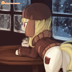 Size: 750x750 | Tagged: safe, artist:lumineko, imported from derpibooru, march gustysnows, pony, butt, coffee, cup, female, mare, patreon, patreon logo, plot, smiling, snow, solo, table, tree, window