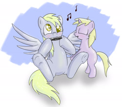 Size: 2000x1762 | Tagged: safe, artist:hieronymuswhite, imported from derpibooru, derpy hooves, dinky hooves, pegasus, pony, duo, equestria's best mother, female, harmonica, mare, mother and daughter, music notes, musical instrument, underhoof