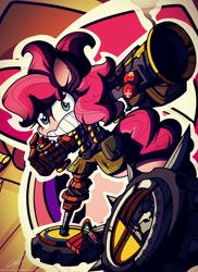 Size: 1600x2200 | Tagged: safe, artist:therandomjoyrider, imported from derpibooru, pinkie pie, amputee, crossover, female, junkrat, overwatch, peg leg, pinkrat, prosthetic leg, prosthetic limb, prosthetics, solo, weapon