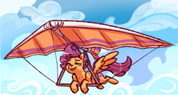 Size: 967x515 | Tagged: safe, artist:fastserve, imported from derpibooru, scootaloo, crying, cutie mark, eyes closed, female, hang glider, hang gliding, scootaloo can fly, scootaloo can't fly, solo, the cmc's cutie marks