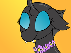 Size: 1280x960 | Tagged: safe, artist:properconduct, imported from derpibooru, oc, oc only, oc:kala'loa, changeling, changeling oc, eyelashes, fangs, female, flower, happy, horn, lei, portrait, smiling, solo