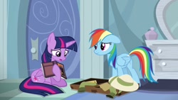 Size: 1920x1080 | Tagged: safe, imported from derpibooru, screencap, rainbow dash, twilight sparkle, alicorn, pony, stranger than fan fiction, book, duo, suitcase, twilight sparkle (alicorn)