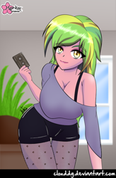Size: 524x800 | Tagged: safe, artist:clouddg, imported from derpibooru, lemon zest, equestria girls, big breasts, bra, bra strap, breasts, busty lemon zest, cassette tape, cleavage, clothes, compact cassette, female, fishnet pantyhose, fishnets, looking at you, off shoulder, shorts, smiling, solo, underwear