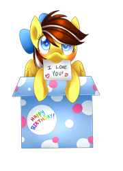 Size: 1626x2256 | Tagged: safe, artist:scarlet-spectrum, imported from derpibooru, oc, oc only, oc:deezy, blushing, happy birthday, i love you, mouth hold, present, simple background, solo, transparent background