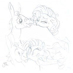 Size: 1404x1415 | Tagged: dead source, safe, artist:jeffmartinez, imported from derpibooru, applejack, cletus, rarity, earth pony, mule, pony, unicorn, color me, exclamation point, eyes closed, female, forced kiss, interspecies, kiss on the lips, kissing, male, monochrome, now kiss, pencil drawing, pushing, shipping, shrunken pupils, straight, surprise kiss, surprised, traditional art, wide eyes
