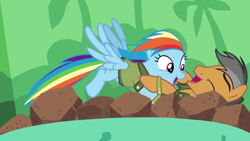 Size: 1600x900 | Tagged: safe, imported from derpibooru, screencap, quibble pants, rainbow dash, earth pony, pegasus, pony, stranger than fan fiction, ball pit, duo, female, male, mare, rock pit, shipping fuel, stallion, tackle