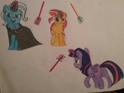 Size: 2592x1944 | Tagged: safe, artist:magicnova, derpibooru exclusive, imported from derpibooru, sunset shimmer, trixie, twilight sparkle, alicorn, pony, alicorn amulet, cape, clothes, lightsaber, magic aura, signature, sith, star wars, this will end in tears and/or death, traditional art, twilight sparkle (alicorn), twilight's counterparts, weapon