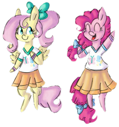 Size: 628x674 | Tagged: safe, artist:sweetheart-arts, imported from derpibooru, fluttershy, pinkie pie, semi-anthro, buckball season, cute, diapinkes, eyes closed, open mouth, shyabetes, simple background, transparent background