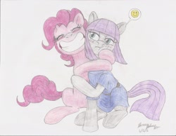 Size: 2193x1700 | Tagged: safe, artist:semijuggalo, imported from derpibooru, maud pie, pinkie pie, earth pony, pony, big grin, blushing, duo, family, grin, hug, pie sisters, smiley face, smiling, toothy grin, traditional art