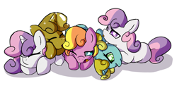 Size: 4400x2192 | Tagged: safe, artist:mississippikite, imported from derpibooru, sun glimmer, sunny daze, sweetie belle, oc, oc:sunny, earth pony, pony, unicorn, alternate eye color, cuddle puddle, cuddling, cute, diasweetes, gold, luster dust, multeity, pony pile, race swap, self ponidox, sweetie gold