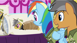 Size: 1920x1080 | Tagged: safe, imported from derpibooru, screencap, daring do, quibble pants, rainbow dash, earth pony, pegasus, pony, season 6, stranger than fan fiction, body pillow, burrito, daring daki, female, food, frown, male, mare, open mouth, rope, smiling, stallion, tied up, wide eyes, you know for kids