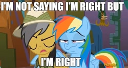 Size: 603x324 | Tagged: safe, edit, edited screencap, imported from derpibooru, screencap, daring do, rainbow dash, stranger than fan fiction, caption, faic, image macro, meme, smug, smugdash