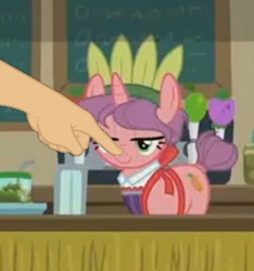 Size: 618x659 | Tagged: safe, edit, edited screencap, imported from derpibooru, screencap, carrot bun, human, pony, unicorn, stranger than fan fiction, boop, boop edit, cropped, finger, hand, offscreen character, smiling
