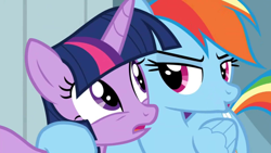Size: 1920x1080 | Tagged: safe, imported from derpibooru, screencap, rainbow dash, twilight sparkle, alicorn, pony, stranger than fan fiction, discovery family logo, lidded eyes, twilight sparkle (alicorn)