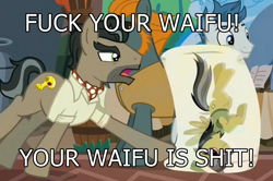Size: 978x648 | Tagged: safe, edit, edited screencap, imported from derpibooru, screencap, daring do, doctor caballeron, earth pony, pegasus, pony, stranger than fan fiction, body pillow, caption, convention, cutie mark, daring daki, henchmen, image macro, male, meme, stallion, text, text edit, vulgar, waifu, waifu wars, your waifu is shit