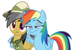 Size: 5854x4000 | Tagged: safe, artist:masem, imported from derpibooru, daring do, rainbow dash, stranger than fan fiction, .ai available, absurd resolution, clothes, faic, hat, hug, simple background, smug, that was fast, transparent background, vector, winghug, wings