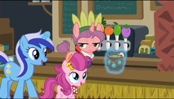Size: 1279x725 | Tagged: safe, imported from derpibooru, screencap, carrot bun, minuette, strawberry parchment, earth pony, pony, unicorn, stranger than fan fiction, female, filly, magic, mare, telekinesis