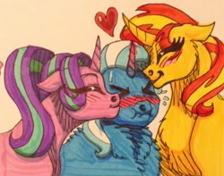 Size: 1280x1009 | Tagged: safe, artist:lorelei, imported from derpibooru, starlight glimmer, sunset shimmer, trixie, pony, unicorn, blushing, cheek kiss, female, fluffy, flustered, heart, kiss on the cheek, kiss sandwich, kissing, lesbian, magical trio, mare, scrunchy face, shimmerglimmer, shipping, startrix, startrixset, suntrix, sweat, traditional art, tsunderixie, twilight's counterparts