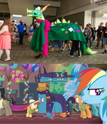 Size: 1083x1262 | Tagged: safe, imported from derpibooru, screencap, ahuizotl, crackle, doctor caballeron, rainbow dash, dragon, human, bronycon, bronycon 2016, dragon quest, stranger than fan fiction, clothes, comparison, convention, cosplay, costume, crackle costume, irl, irl human, photo