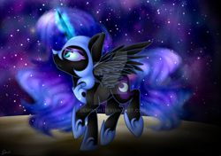 Size: 1024x722 | Tagged: safe, artist:demim0n, imported from derpibooru, nightmare moon, female, magic, solo, stars, watermark