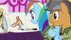 Size: 1280x720 | Tagged: safe, edit, edited screencap, imported from derpibooru, screencap, quibble pants, rainbow dash, human, pegasus, pony, stranger than fan fiction, body pillow, body pillow meme, george costanza, irl, irl human, photo, seinfeld