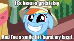 Size: 889x500 | Tagged: safe, edit, edited screencap, imported from derpibooru, screencap, rainbow dash, stranger than fan fiction, caption, cute, dashabetes, female, floppy ears, grin, image macro, meme, smiling, solo, squee