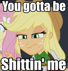 Size: 614x648 | Tagged: safe, edit, edited screencap, imported from derpibooru, screencap, applejack, equestria girls, cropped, female, image macro, meme, reaction image, solo, vulgar