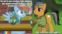 Size: 959x520 | Tagged: safe, edit, edited screencap, imported from derpibooru, screencap, quibble pants, rainbow dash, stranger than fan fiction, caption, image macro, jesse, meme, minecraft:story mode, voice actor joke