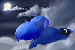 Size: 1024x683 | Tagged: safe, artist:endermage001, imported from derpibooru, princess luna, cloud, female, moon, night, prone, solo, unshorn fetlocks