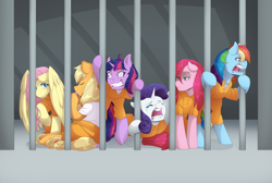 Size: 1280x858 | Tagged: safe, artist:mylittlesheepy, imported from derpibooru, applejack, fluttershy, pinkie pie, rainbow dash, rarity, twilight sparkle, jail, mane six, pinkamena diane pie