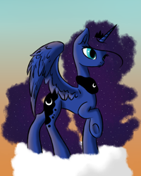 Size: 1200x1500 | Tagged: safe, artist:bronymirage, imported from derpibooru, princess luna, cloud, female, raised hoof, solo, spread wings