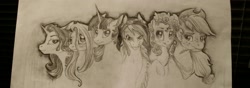 Size: 3759x1330 | Tagged: safe, artist:themoonraven, imported from derpibooru, applejack, fluttershy, pinkie pie, rainbow dash, rarity, twilight sparkle, alicorn, pony, bust, line-up, mane six, pencil drawing, traditional art, twilight sparkle (alicorn)