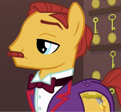 Size: 822x758 | Tagged: safe, imported from derpibooru, screencap, earth pony, pony, stranger than fan fiction, concierge, discovery family logo, facial hair, gustave h, key, male, moustache, solo, stallion, the grand budapest hotel, unnamed character, unnamed pony, wes anderson