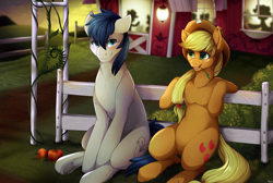 Size: 2000x1345 | Tagged: safe, artist:mr-tiaa, imported from derpibooru, applejack, oc, oc:constance everheart, apple, canon x oc, everjack, female, fence, food, male, shipping, sitting, straight, straw, sunset, twilight (astronomy), underhoof