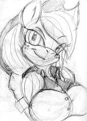 Size: 744x1042 | Tagged: safe, artist:mhedgehog21, imported from derpibooru, part of a set, applejack, anthro, clothes, equestria girls outfit, female, grayscale, monochrome, smirk, solo, traditional art