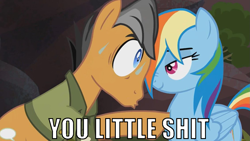 Size: 1129x635 | Tagged: safe, edit, edited screencap, imported from derpibooru, screencap, quibble pants, rainbow dash, stranger than fan fiction, caption, duo, image macro, lidded eyes, meme, reaction image, vulgar