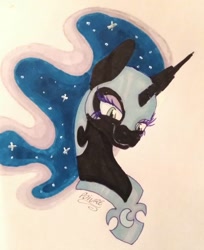 Size: 1002x1228 | Tagged: safe, artist:moondaneka, imported from derpibooru, nightmare moon, female, portrait, simple background, solo, traditional art