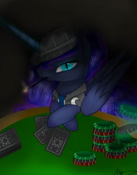 Size: 1188x1518 | Tagged: safe, artist:nuttypanutdy, imported from derpibooru, nightmare moon, princess luna, pony, casino, female, hat, playing card, poker chips, smoking, solo