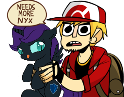 Size: 257x200 | Tagged: artist needed, safe, imported from derpibooru, oc, oc:nyx, alicorn, pony, alicorn oc, holding a pony, meme, needs more ponies, pokémon