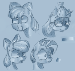 Size: 1329x1260 | Tagged: safe, artist:post-it, imported from derpibooru, apple bloom, babs seed, moondancer, monochrome, sketch, sketch dump, smiling