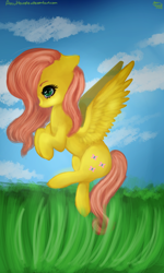 Size: 600x1000 | Tagged: safe, artist:anuhanele, imported from derpibooru, fluttershy, pony, cloud, female, flying, grass, solo