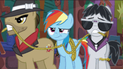 Size: 1286x724 | Tagged: safe, imported from derpibooru, screencap, biff, rainbow dash, withers, earth pony, pegasus, pony, stranger than fan fiction, animated, facehoof, female, henchmen, male, mare, rope, stallion, the shadow, tied up