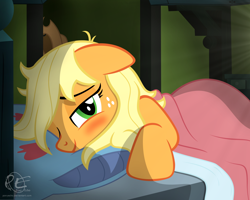 Size: 2000x1600 | Tagged: safe, artist:ponyecho, imported from derpibooru, part of a set, applejack, earth pony, pony, bed, bed hair, blushing, cute, female, floppy ears, freckles, hatless, jackabetes, mare, messy mane, missing accessory, morning ponies, one eye closed, ponyecho is trying to murder us, show accurate, smiling, solo, tired