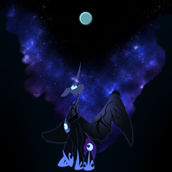 Size: 2000x2000 | Tagged: safe, artist:lunar-march, imported from derpibooru, nightmare moon, princess luna, alicorn, pony, looking up, moon, sitting, solo, spread wings, transformation