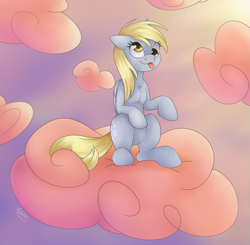 Size: 1581x1549 | Tagged: safe, artist:katrinahu, imported from derpibooru, derpy hooves, pegasus, pony, cloud, female, floppy ears, mare, sitting, solo, tongue out